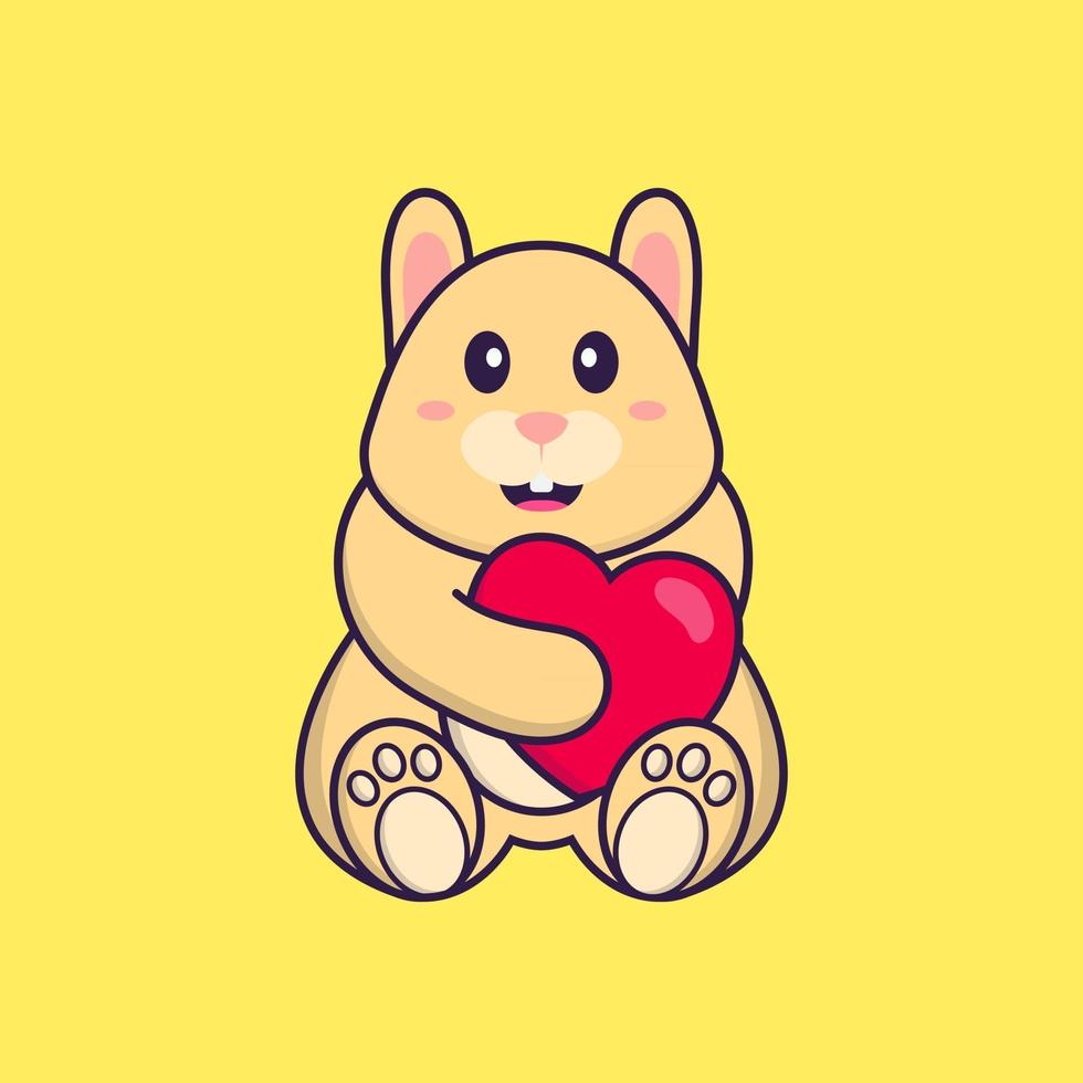 Cute rabbit holding a big red heart. Animal cartoon concept isolated. Can used for t-shirt, greeting card, invitation card or mascot. Flat Cartoon Style vector