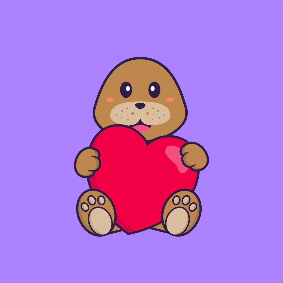 Cute dog holding a big red heart. Animal cartoon concept isolated. Can used for t-shirt, greeting card, invitation card or mascot. Flat Cartoon Style vector