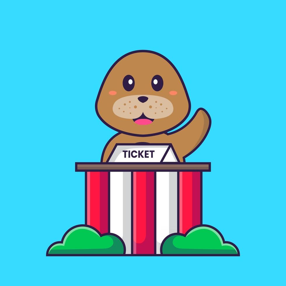 Cute dog is being a ticket keeper. Animal cartoon concept isolated. Can used for t-shirt, greeting card, invitation card or mascot. Flat Cartoon Style vector