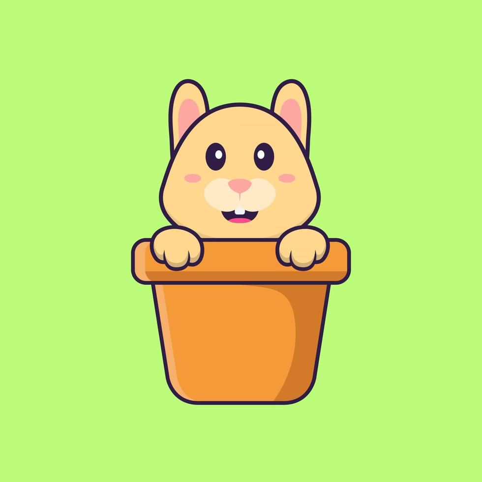Cute rabbit in a flower vase. Animal cartoon concept isolated. Can used for t-shirt, greeting card, invitation card or mascot. Flat Cartoon Style vector