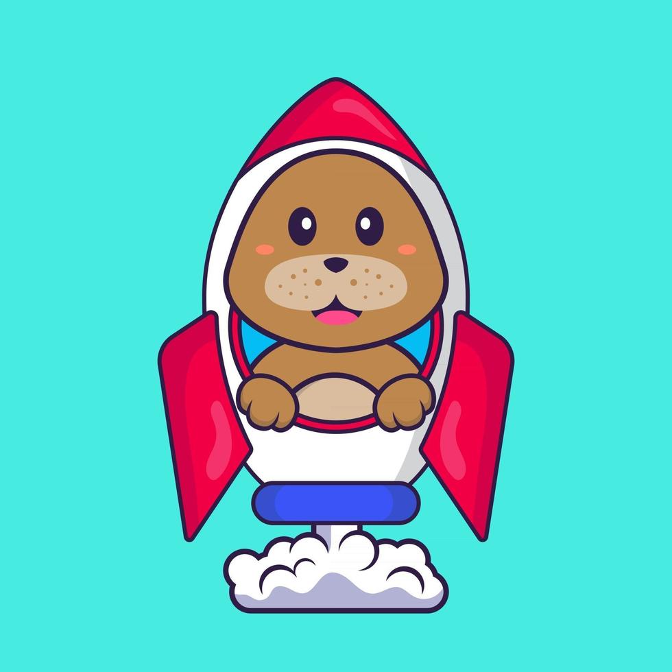 Cute dog flying on rocket. Animal cartoon concept isolated. Can used for t-shirt, greeting card, invitation card or mascot. Flat Cartoon Style vector