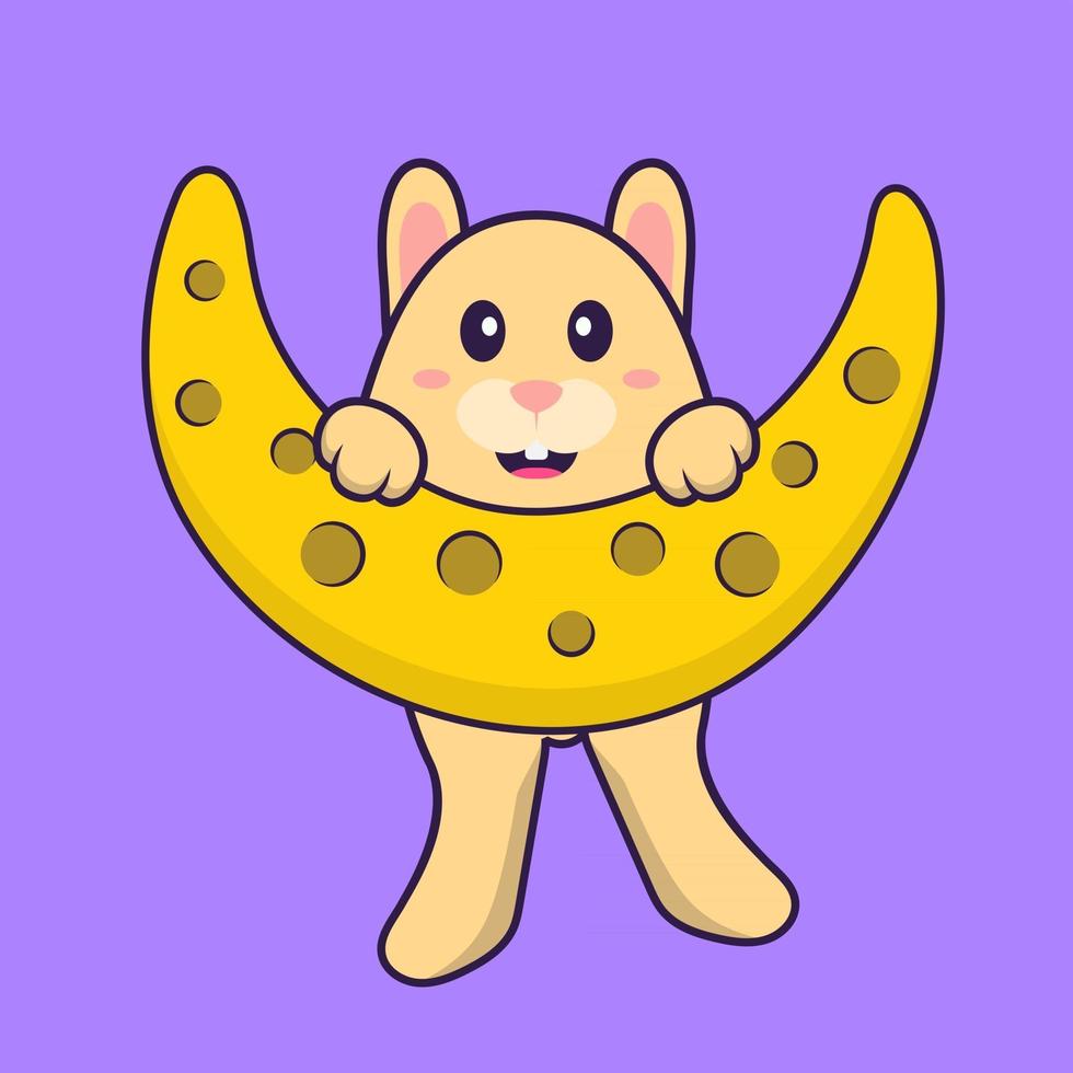 Cute rabbit is on the moon. Animal cartoon concept isolated. Can used for t-shirt, greeting card, invitation card or mascot. Flat Cartoon Style vector