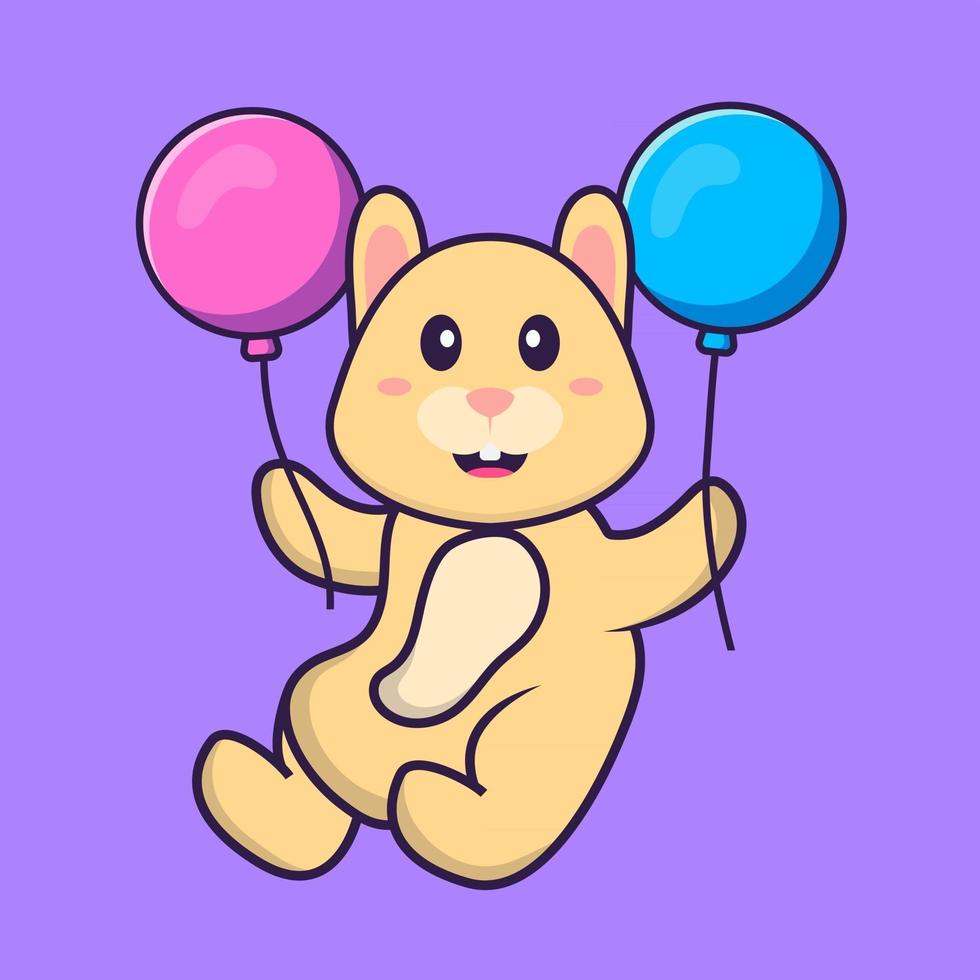 lindo conejo volando con dos globos. aislado concepto de dibujos animados de animales. Puede utilizarse para camiseta, tarjeta de felicitación, tarjeta de invitación o mascota. estilo de dibujos animados plana vector