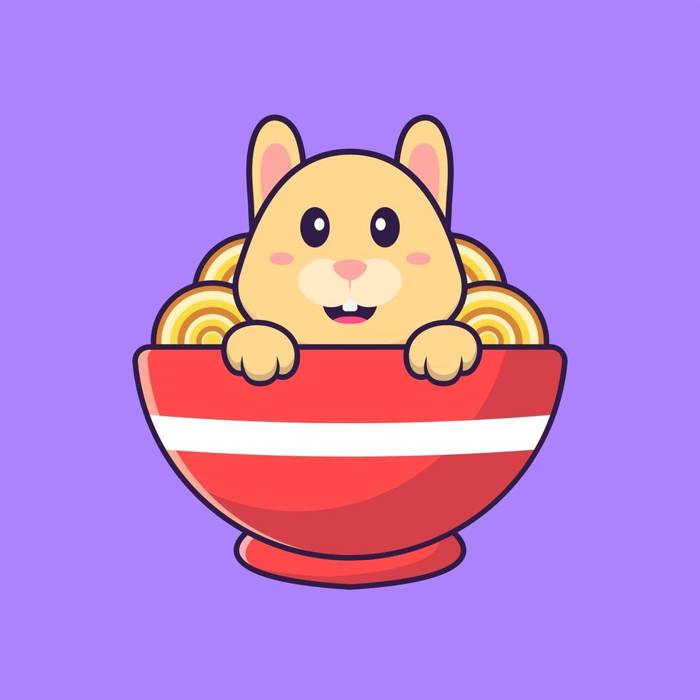 lindo conejo comiendo fideos ramen. aislado concepto de dibujos animados de animales. Puede utilizarse para camiseta, tarjeta de felicitación, tarjeta de invitación o mascota. estilo de dibujos animados plana vector