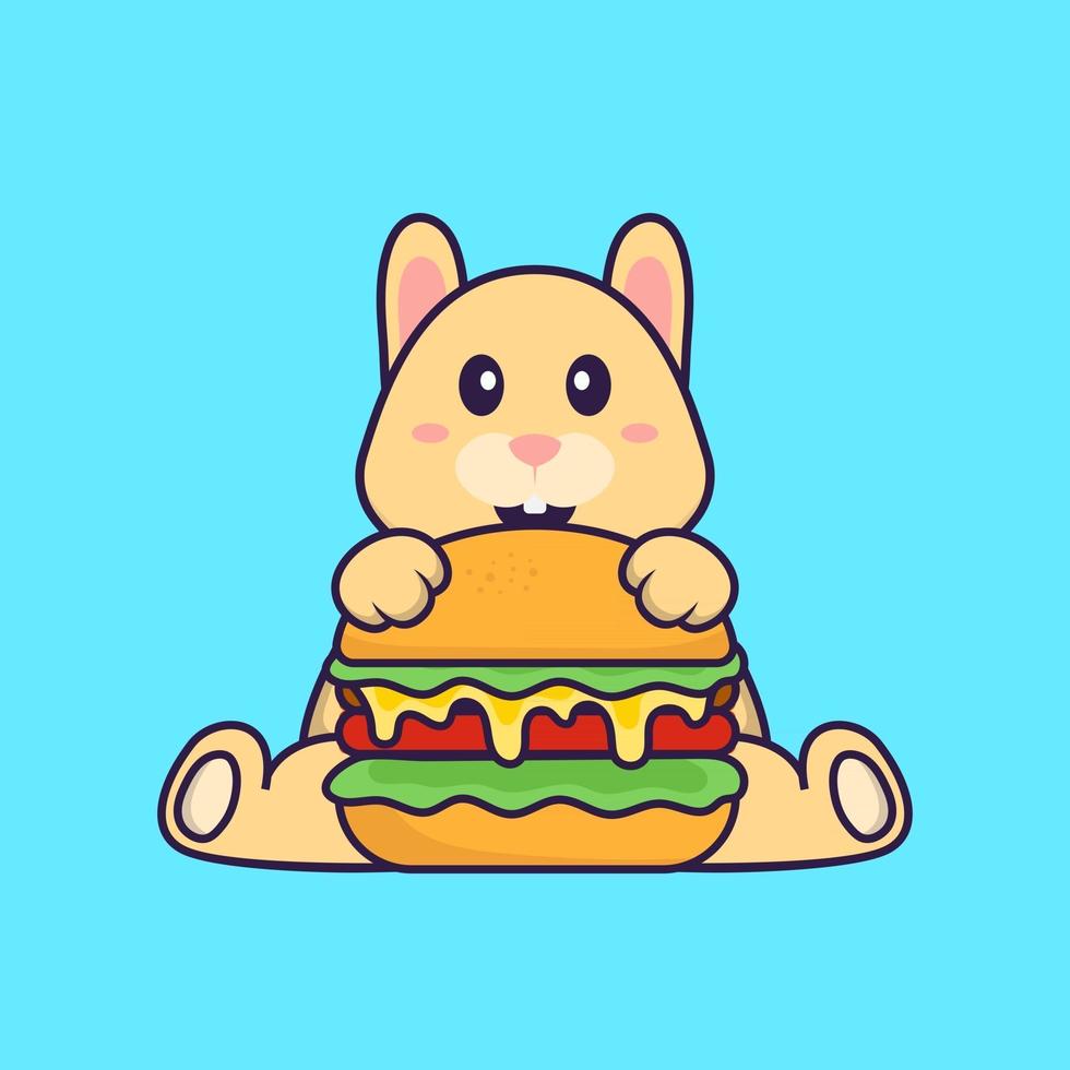 lindo conejo comiendo hamburguesa. aislado concepto de dibujos animados de animales. Puede utilizarse para camiseta, tarjeta de felicitación, tarjeta de invitación o mascota. estilo de dibujos animados plana vector