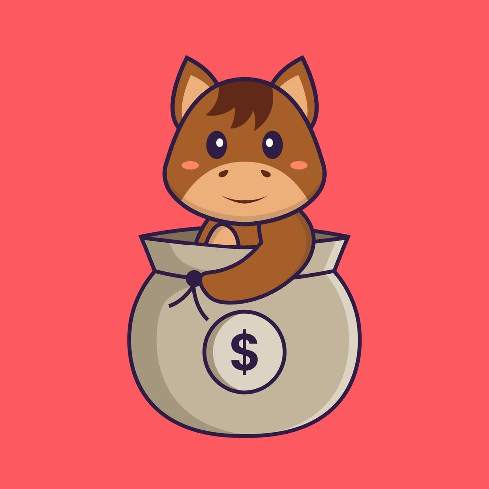 Cute horse in a money bag. Animal cartoon concept isolated. Can used for t-shirt, greeting card, invitation card or mascot. Flat Cartoon Style vector