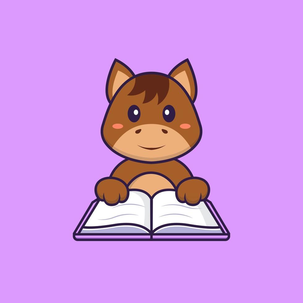 lindo caballo leyendo un libro. aislado concepto de dibujos animados de animales. Puede utilizarse para camiseta, tarjeta de felicitación, tarjeta de invitación o mascota. estilo de dibujos animados plana vector