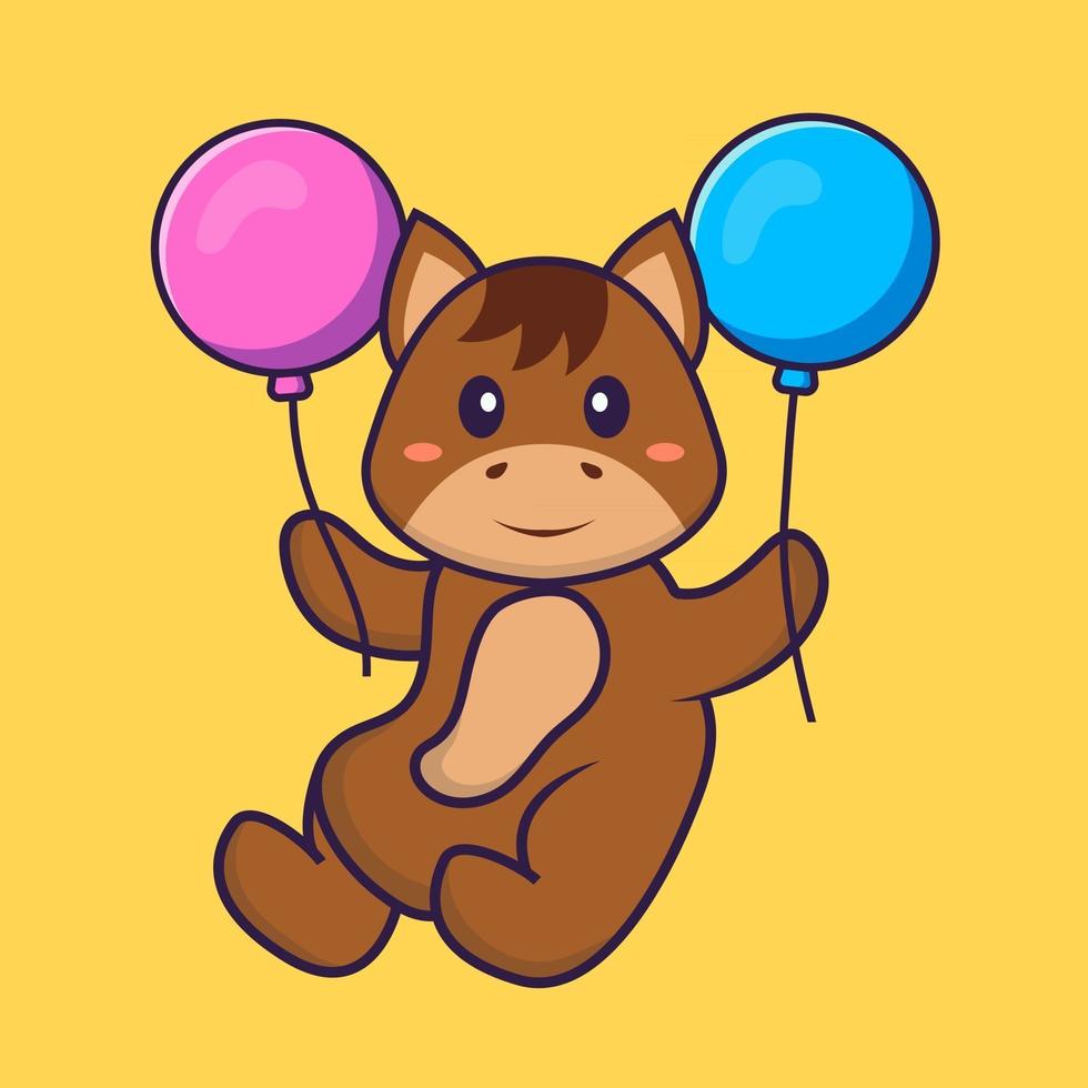 lindo caballo volando con dos globos. aislado concepto de dibujos animados de animales. Puede utilizarse para camiseta, tarjeta de felicitación, tarjeta de invitación o mascota. estilo de dibujos animados plana vector