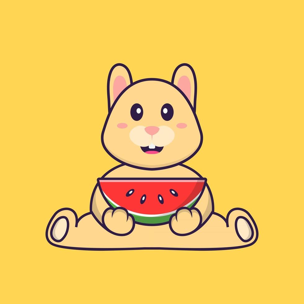 Cute rabbit eating watermelon. Animal cartoon concept isolated. Can used for t-shirt, greeting card, invitation card or mascot. Flat Cartoon Style vector