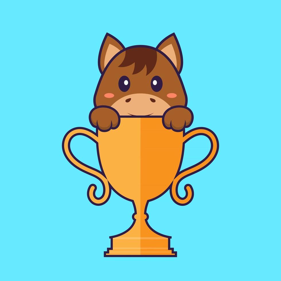 Cute horse with gold trophy. Animal cartoon concept isolated. Can used for t-shirt, greeting card, invitation card or mascot. Flat Cartoon Style vector