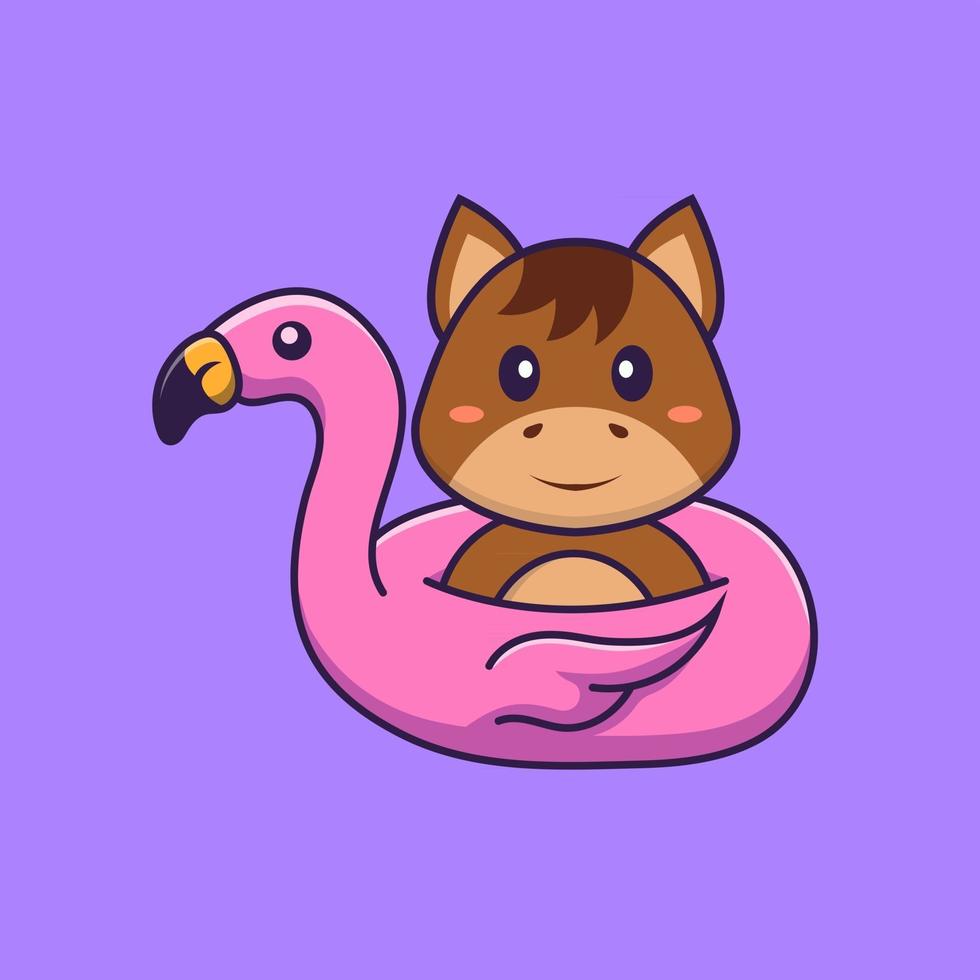 Cute horse With flamingo buoy. Animal cartoon concept isolated. Can used for t-shirt, greeting card, invitation card or mascot. Flat Cartoon Style vector