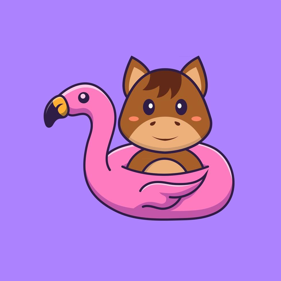 lindo caballo con boya flamingo. aislado concepto de dibujos animados de animales. Puede utilizarse para camiseta, tarjeta de felicitación, tarjeta de invitación o mascota. estilo de dibujos animados plana vector