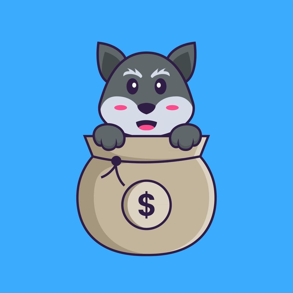 Cute fox playing in money bag. Animal cartoon concept isolated. Can used for t-shirt, greeting card, invitation card or mascot. Flat Cartoon Style vector