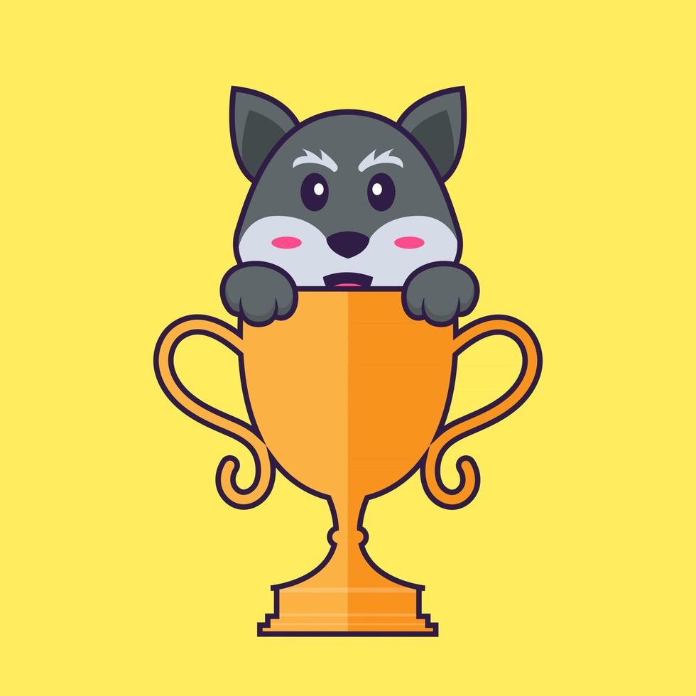 Cute fox with gold trophy. Animal cartoon concept isolated. Can used for t-shirt, greeting card, invitation card or mascot. Flat Cartoon Style vector