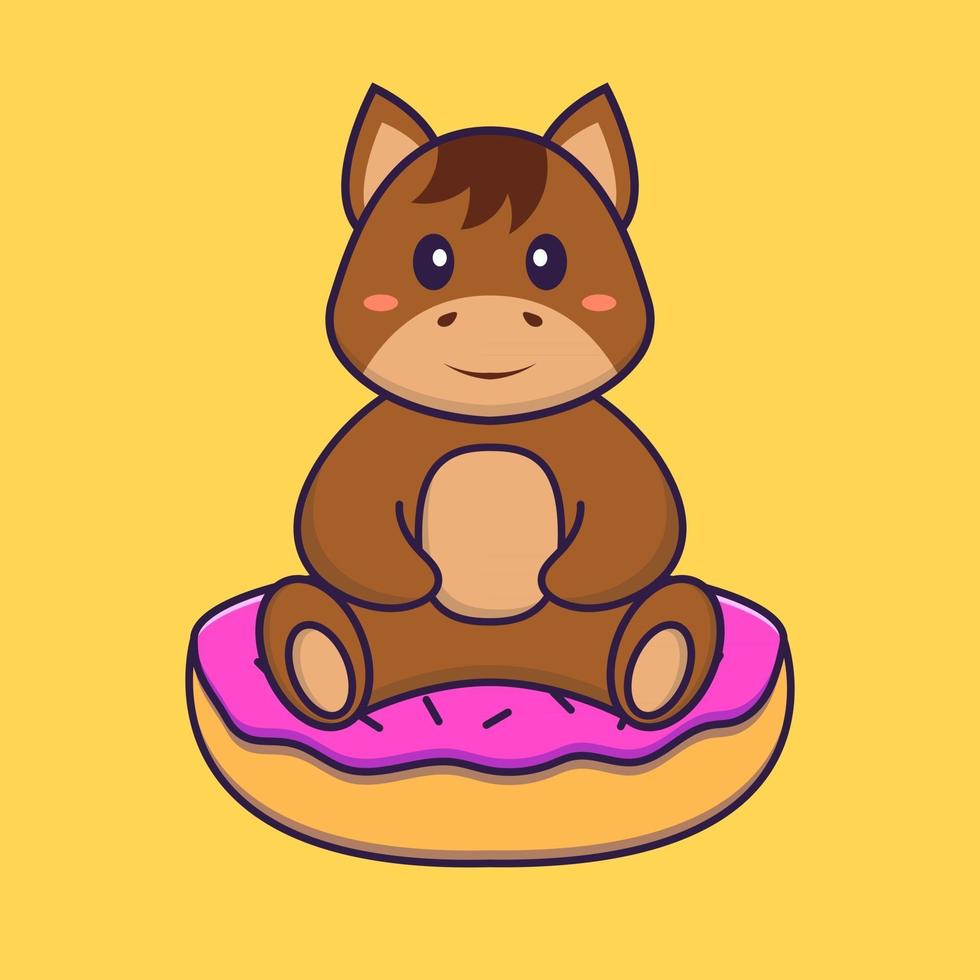 Cute horse is sitting on donuts. Animal cartoon concept isolated. Can used for t-shirt, greeting card, invitation card or mascot. Flat Cartoon Style vector