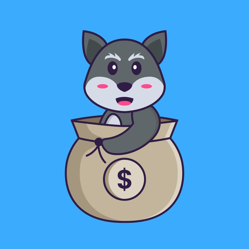 Cute fox in a money bag. Animal cartoon concept isolated. Can used for t-shirt, greeting card, invitation card or mascot. Flat Cartoon Style vector