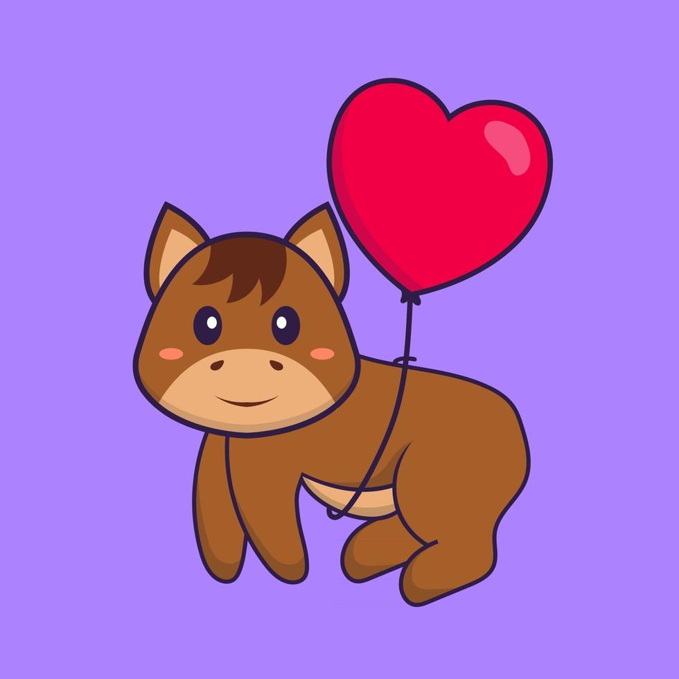 Cute horse flying with love shaped balloons. Animal cartoon concept isolated. Can used for t-shirt, greeting card, invitation card or mascot. Flat Cartoon Style vector