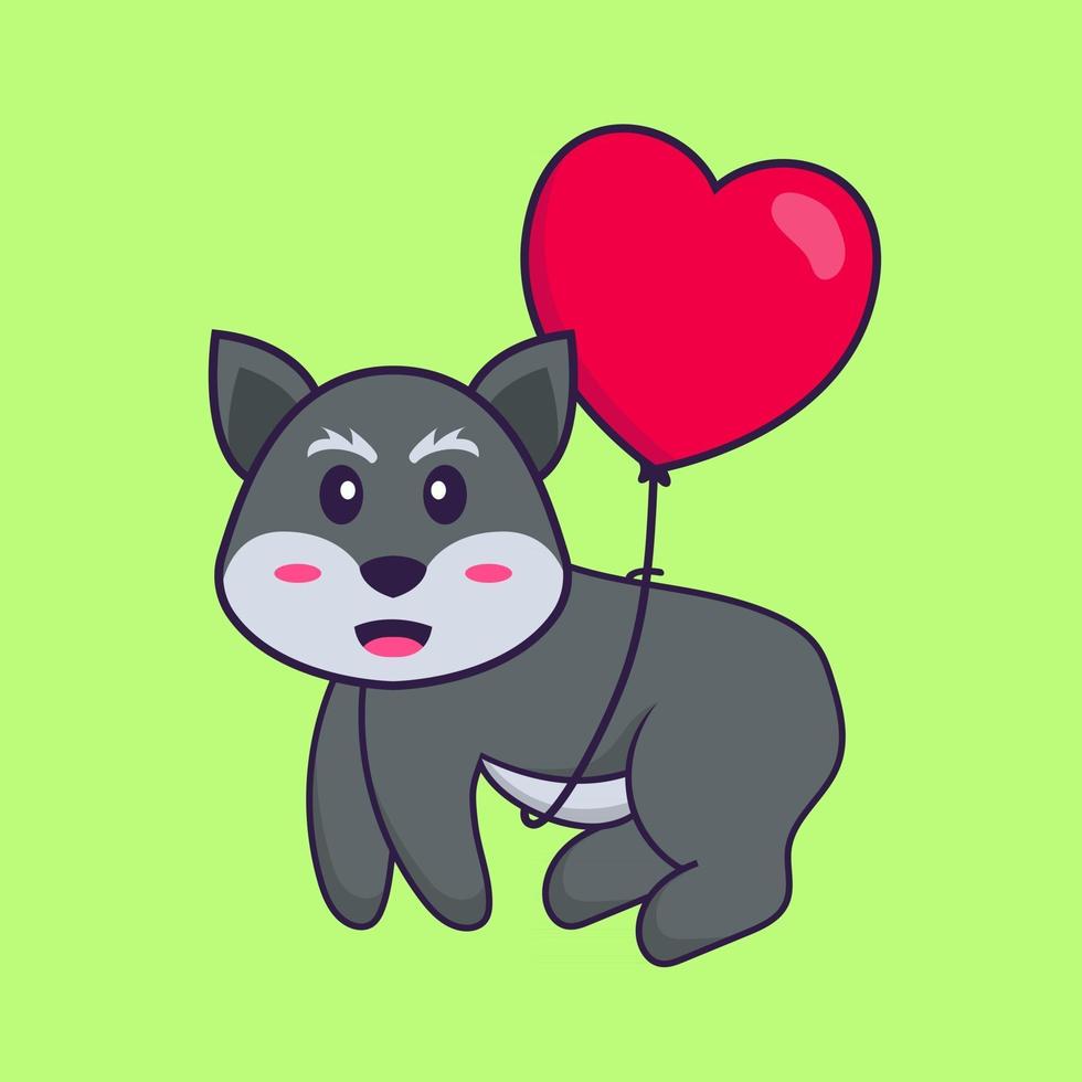 lindo zorro volando con globos en forma de amor. aislado concepto de dibujos animados de animales. Puede utilizarse para camiseta, tarjeta de felicitación, tarjeta de invitación o mascota. estilo de dibujos animados plana vector