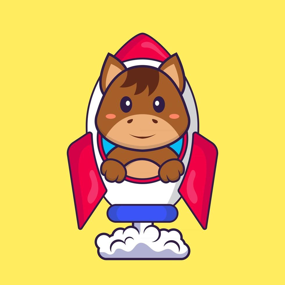 Cute horse flying on rocket. Animal cartoon concept isolated. Can used for t-shirt, greeting card, invitation card or mascot. Flat Cartoon Style vector