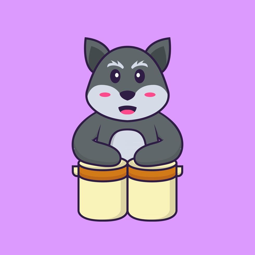 lindo zorro está tocando la batería. aislado concepto de dibujos animados de animales. Puede utilizarse para camiseta, tarjeta de felicitación, tarjeta de invitación o mascota. estilo de dibujos animados plana vector