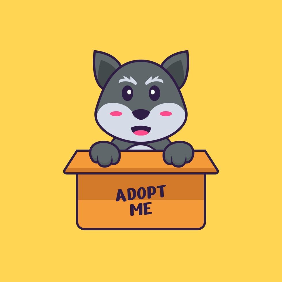 lindo zorro en caja con un cartel adopteme. aislado concepto de dibujos animados de animales. Puede utilizarse para camiseta, tarjeta de felicitación, tarjeta de invitación o mascota. estilo de dibujos animados plana vector