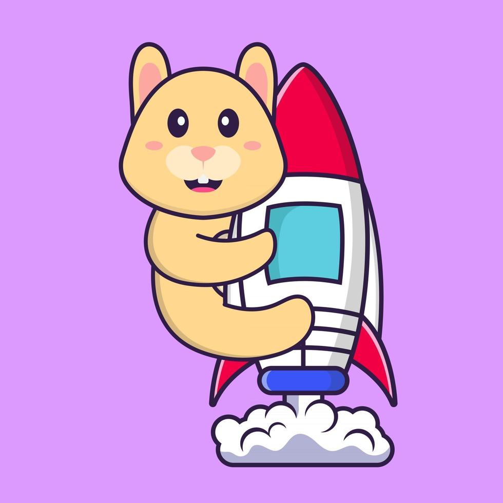 Cute rabbit flying on rocket. Animal cartoon concept isolated. Can used for t-shirt, greeting card, invitation card or mascot. Flat Cartoon Style vector
