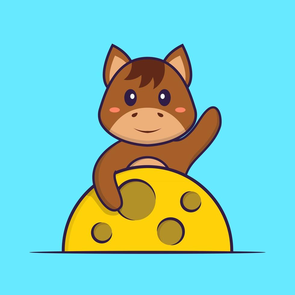 Cute horse is on the moon. Animal cartoon concept isolated. Can used for t-shirt, greeting card, invitation card or mascot. Flat Cartoon Style vector