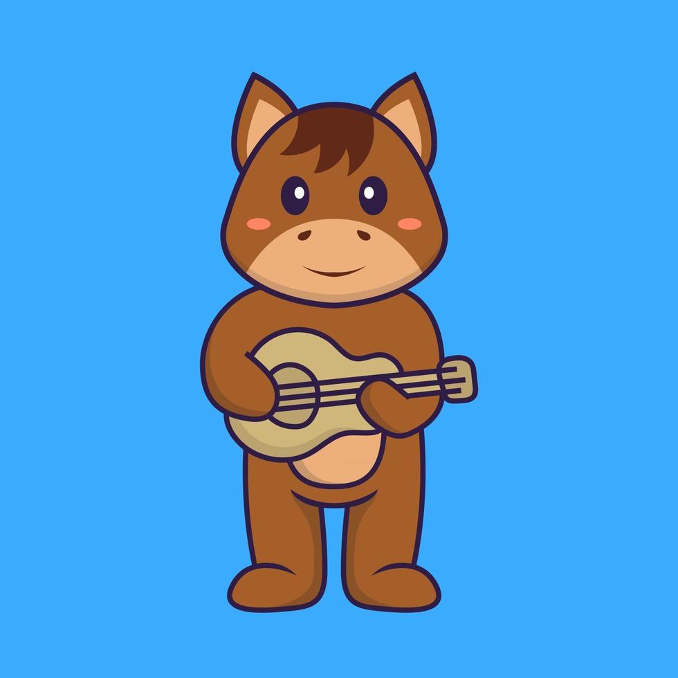 Cute horse playing guitar. Animal cartoon concept isolated. Can used for t-shirt, greeting card, invitation card or mascot. Flat Cartoon Style vector