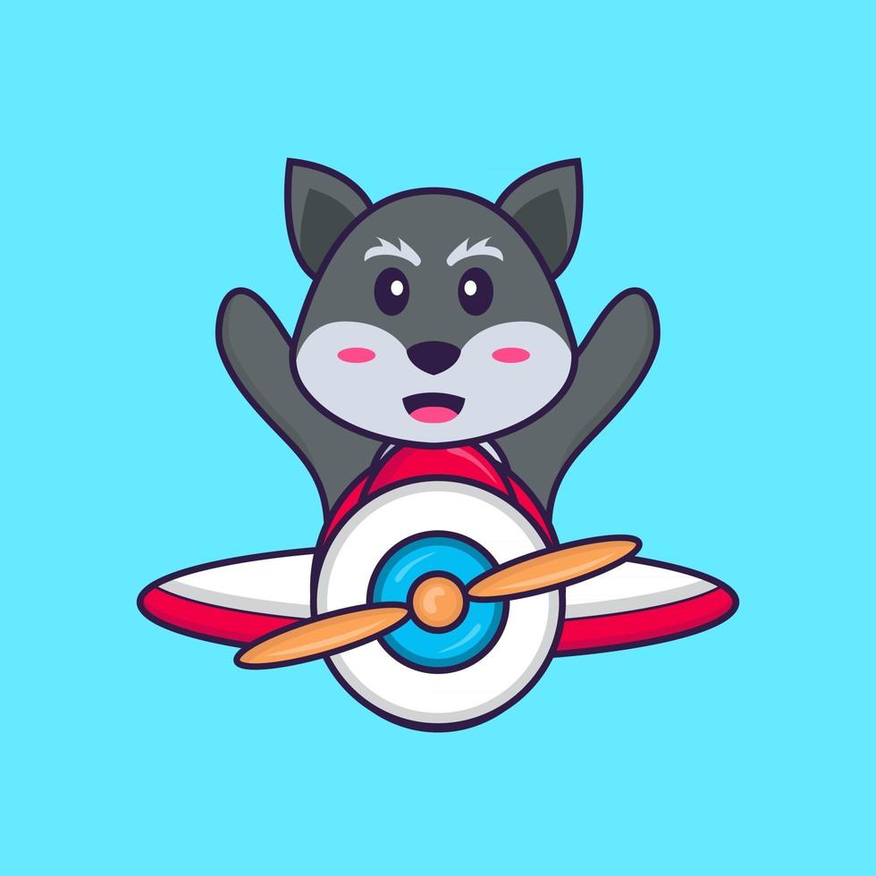 Cute fox flying on a plane. Animal cartoon concept isolated. Can used for t-shirt, greeting card, invitation card or mascot. Flat Cartoon Style vector