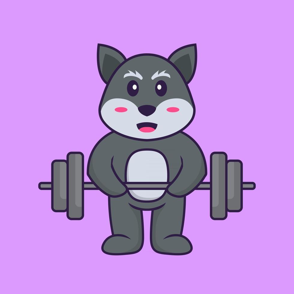 Cute fox lifts the barbell. Animal cartoon concept isolated. Can used for t-shirt, greeting card, invitation card or mascot. Flat Cartoon Style vector