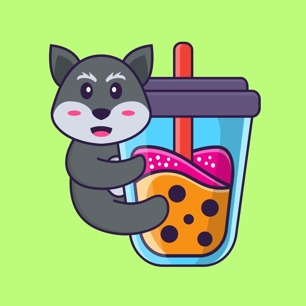 Cute fox Drinking Boba milk tea. Animal cartoon concept isolated. Can used for t-shirt, greeting card, invitation card or mascot. Flat Cartoon Style vector