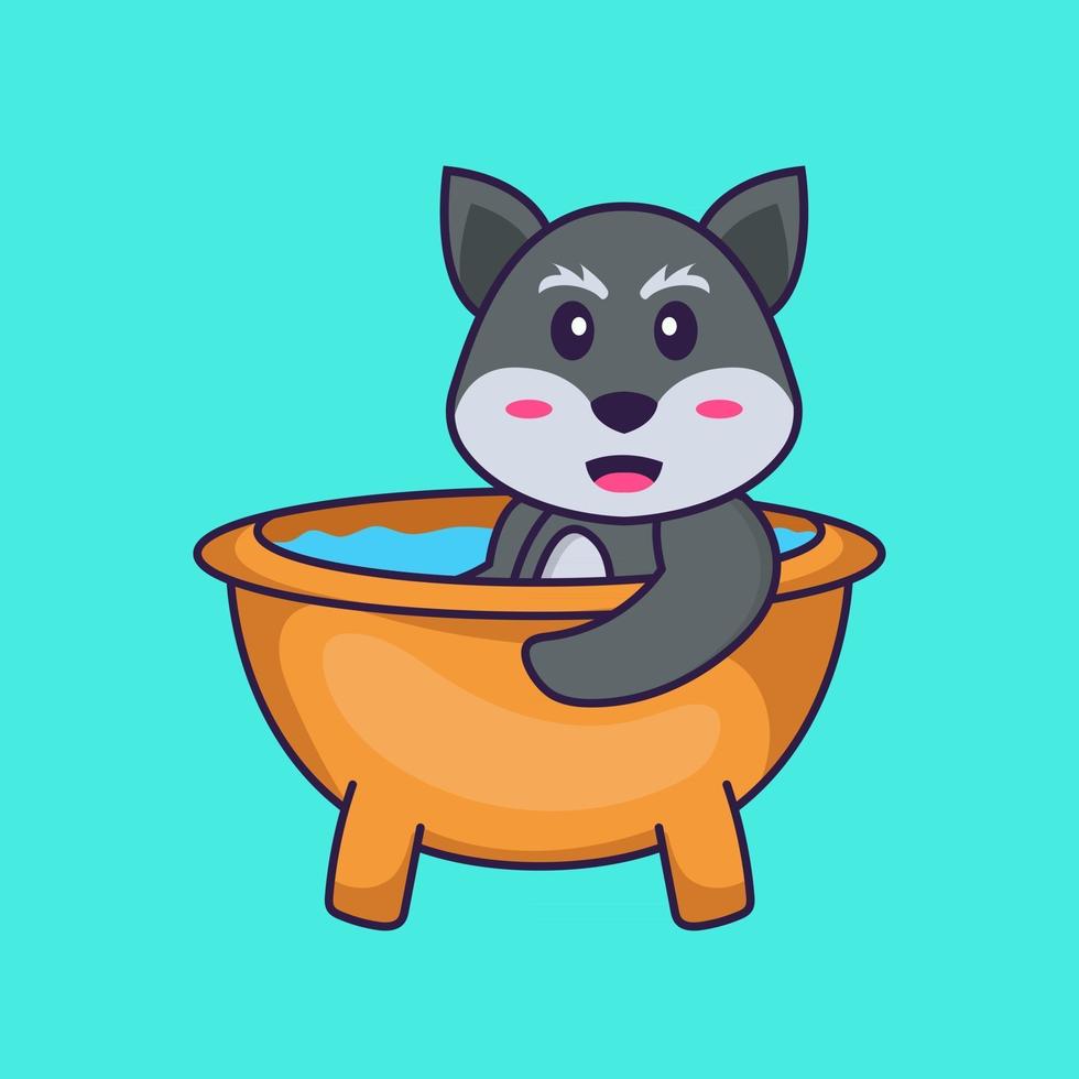 Cute fox taking a bath in the bathtub. Animal cartoon concept isolated. Can used for t-shirt, greeting card, invitation card or mascot. Flat Cartoon Style vector