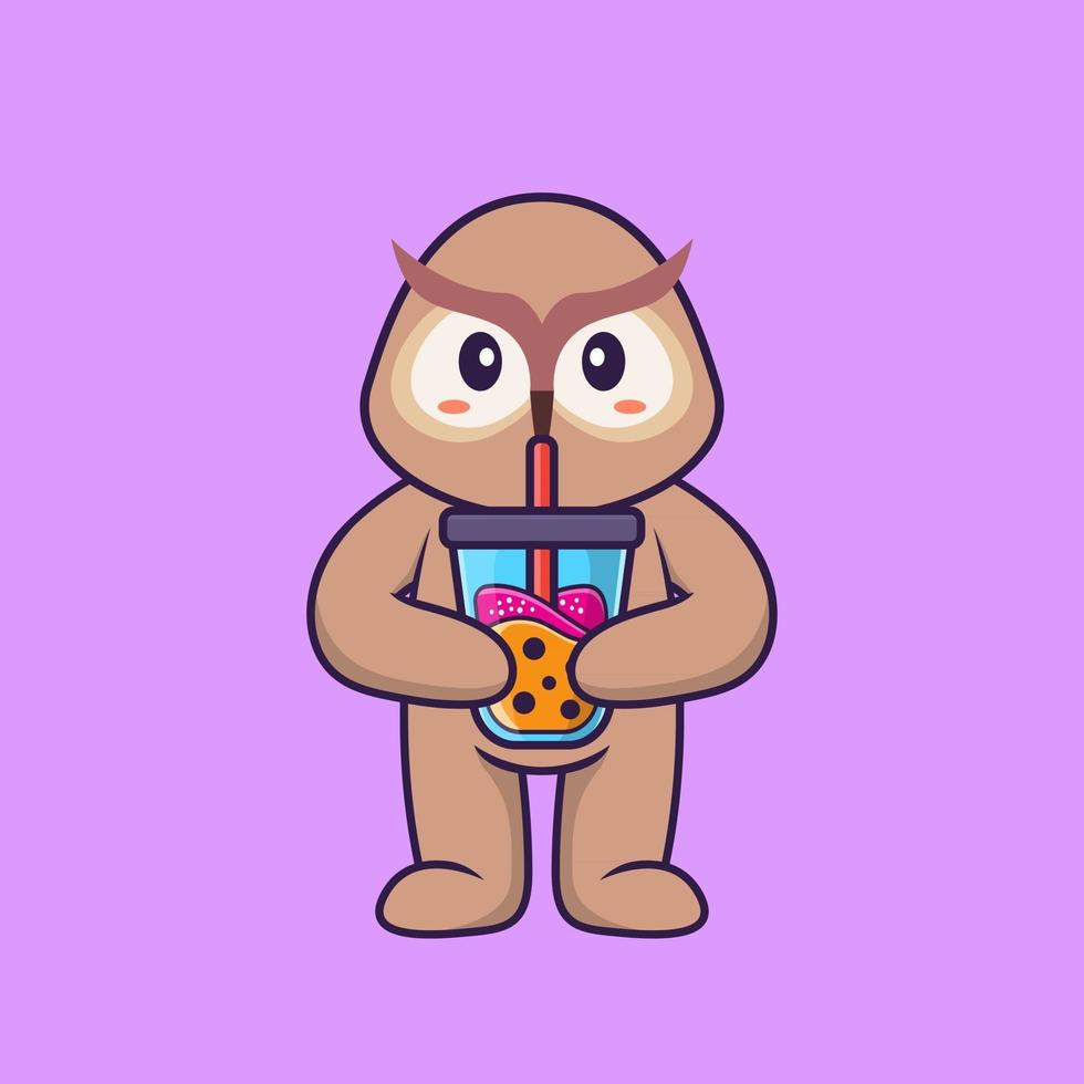 lindo búho bebiendo té con leche de boba. aislado concepto de dibujos animados de animales. Puede utilizarse para camiseta, tarjeta de felicitación, tarjeta de invitación o mascota. estilo de dibujos animados plana vector