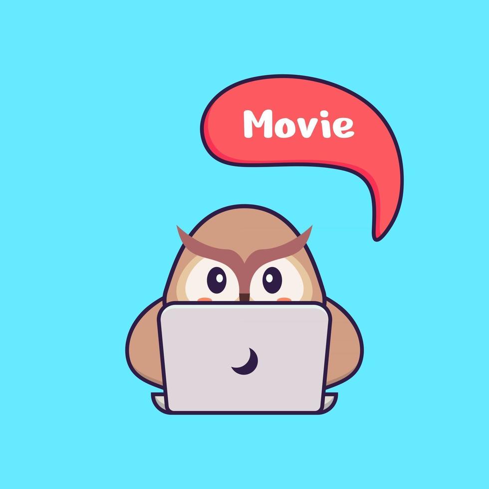 Cute owl is watching a movie. Animal cartoon concept isolated. Can used for t-shirt, greeting card, invitation card or mascot. Flat Cartoon Style vector