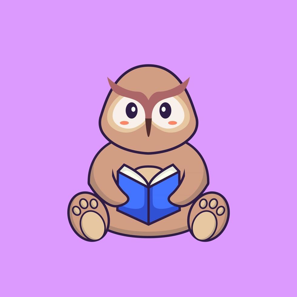 Cute owl reading a book. Animal cartoon concept isolated. Can used for t-shirt, greeting card, invitation card or mascot. Flat Cartoon Style vector