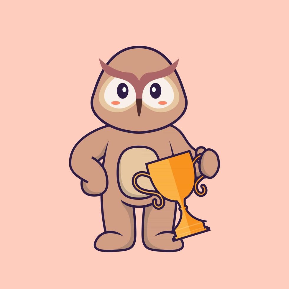 Cute owl holding gold trophy. Animal cartoon concept isolated. Can used for t-shirt, greeting card, invitation card or mascot. Flat Cartoon Style vector