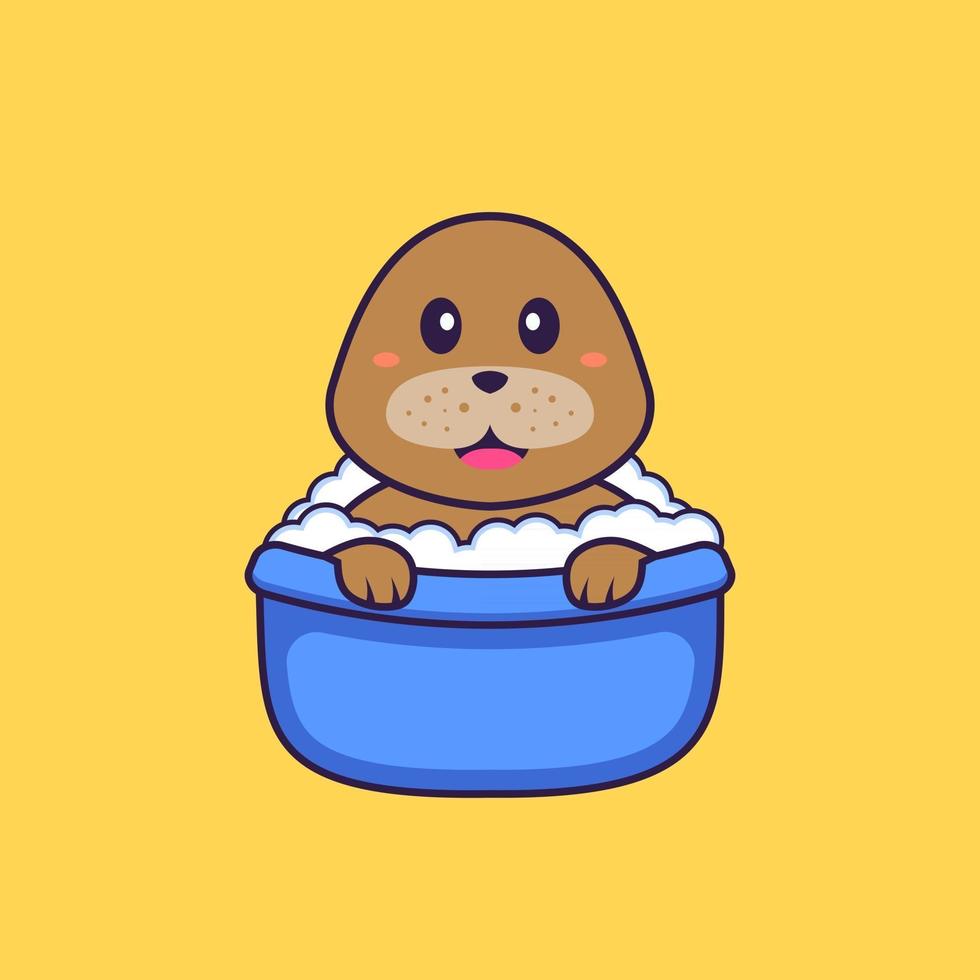 Cute dog taking a bath in the bathtub. Animal cartoon concept isolated. Can used for t-shirt, greeting card, invitation card or mascot. Flat Cartoon Style vector