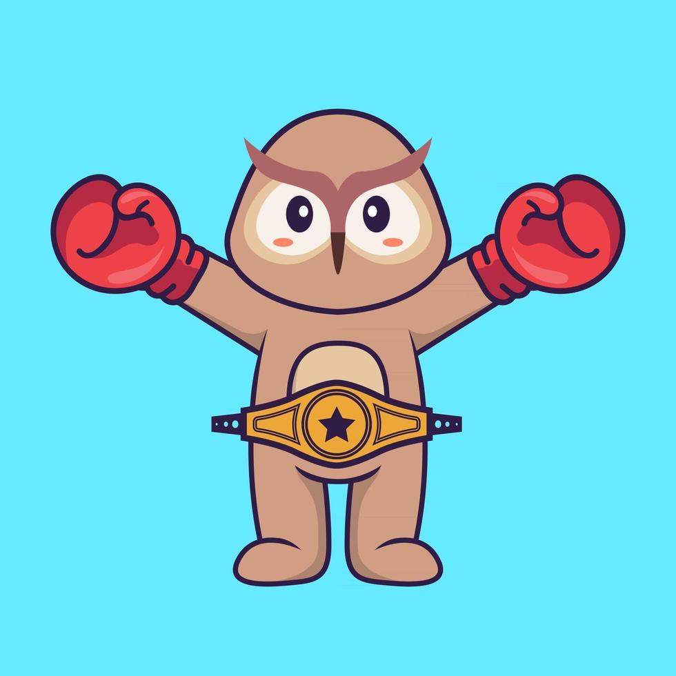 Cute owl in boxer costume with champion belt. Animal cartoon concept isolated. Can used for t-shirt, greeting card, invitation card or mascot. Flat Cartoon Style vector