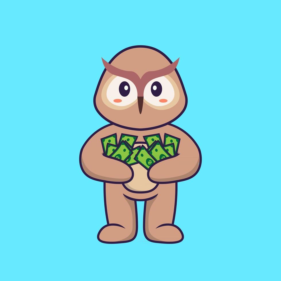 Cute owl holding money. Animal cartoon concept isolated. Can used for t-shirt, greeting card, invitation card or mascot. Flat Cartoon Style vector