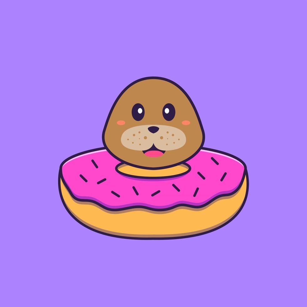 Cute dog with a donut on his neck. Animal cartoon concept isolated. Can used for t-shirt, greeting card, invitation card or mascot. Flat Cartoon Style vector