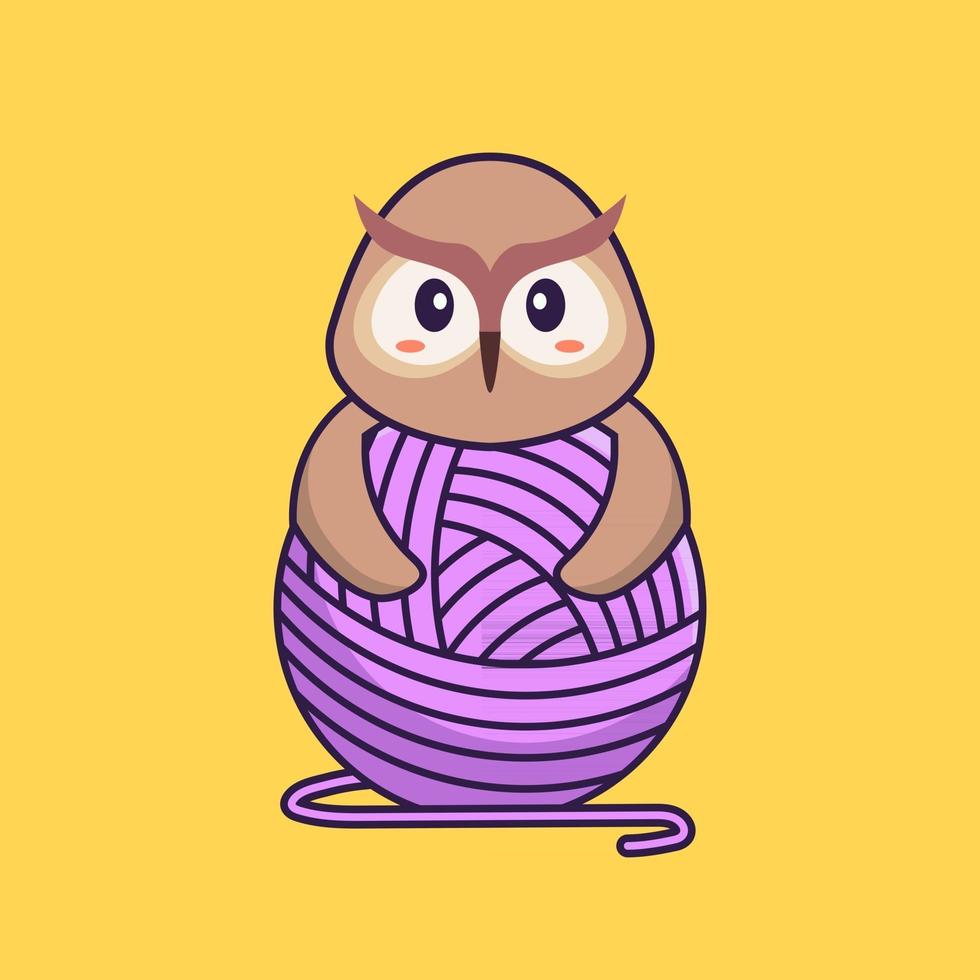 Cute owl playing with wool yarn. Animal cartoon concept isolated. Can used for t-shirt, greeting card, invitation card or mascot. Flat Cartoon Style vector