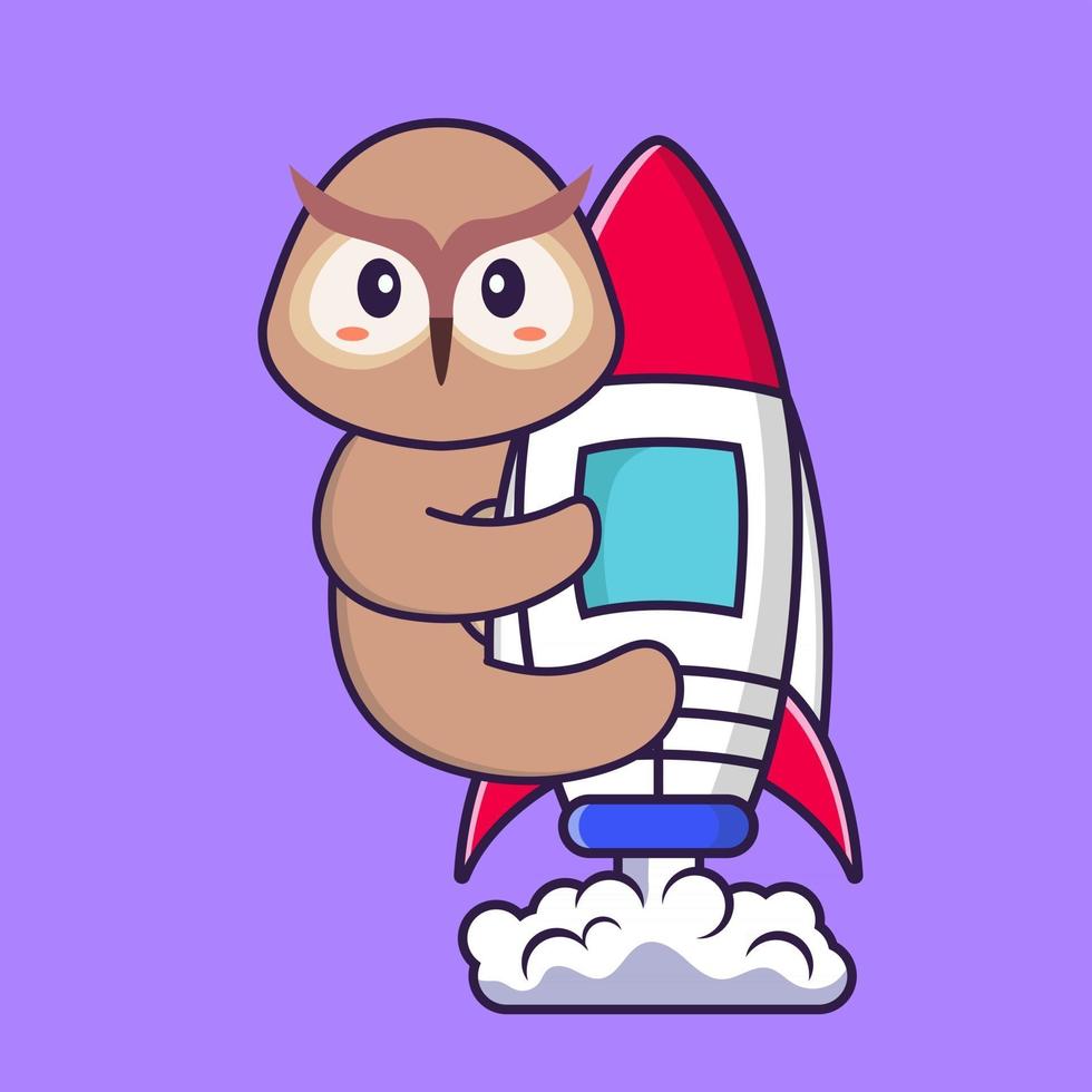 Cute owl flying on rocket. Animal cartoon concept isolated. Can used for t-shirt, greeting card, invitation card or mascot. Flat Cartoon Style vector