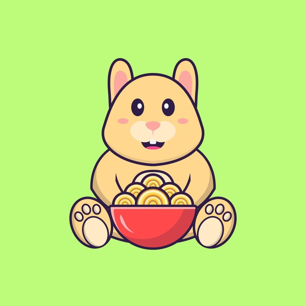 Cute rabbit eating ramen noodles. Animal cartoon concept isolated. Can used for t-shirt, greeting card, invitation card or mascot. Flat Cartoon Style vector