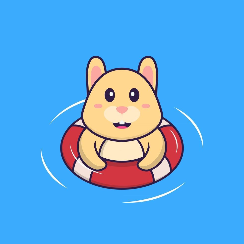 Cute rabbit is Swimming with a buoy. Animal cartoon concept isolated. Can used for t-shirt, greeting card, invitation card or mascot. Flat Cartoon Style vector