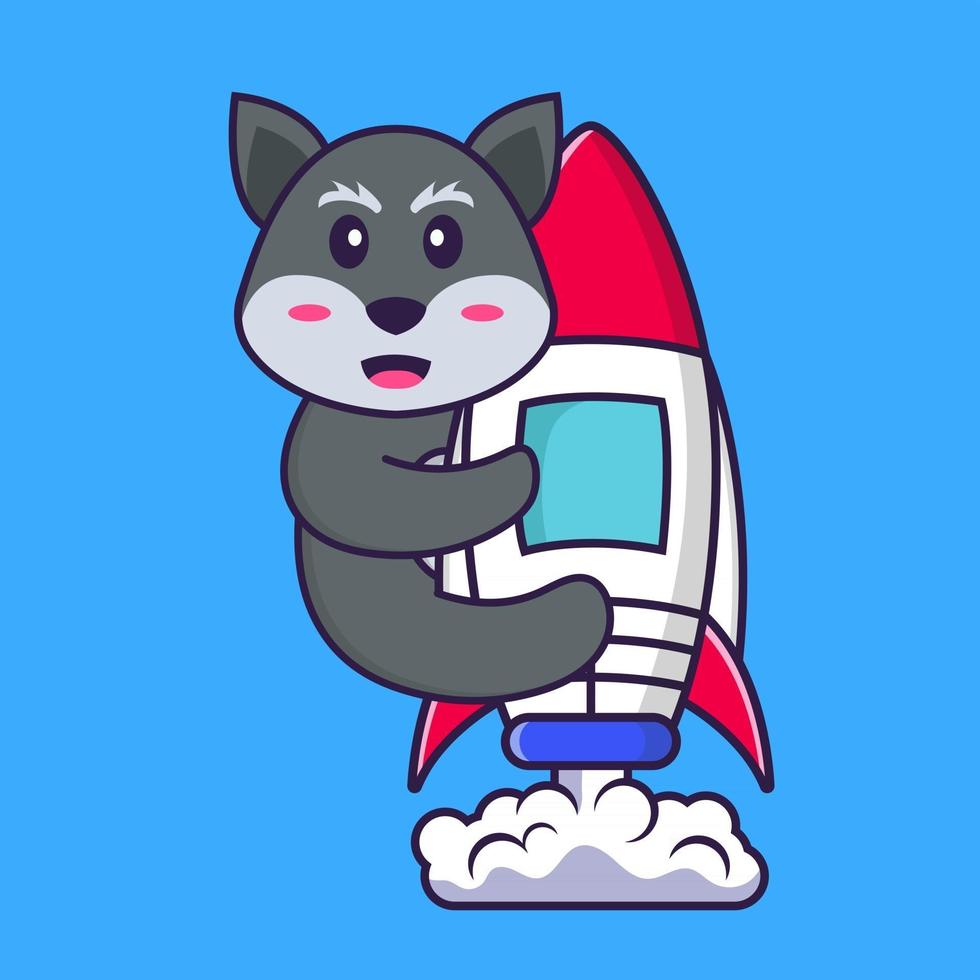 Cute fox flying on rocket. Animal cartoon concept isolated. Can used for t-shirt, greeting card, invitation card or mascot. Flat Cartoon Style vector