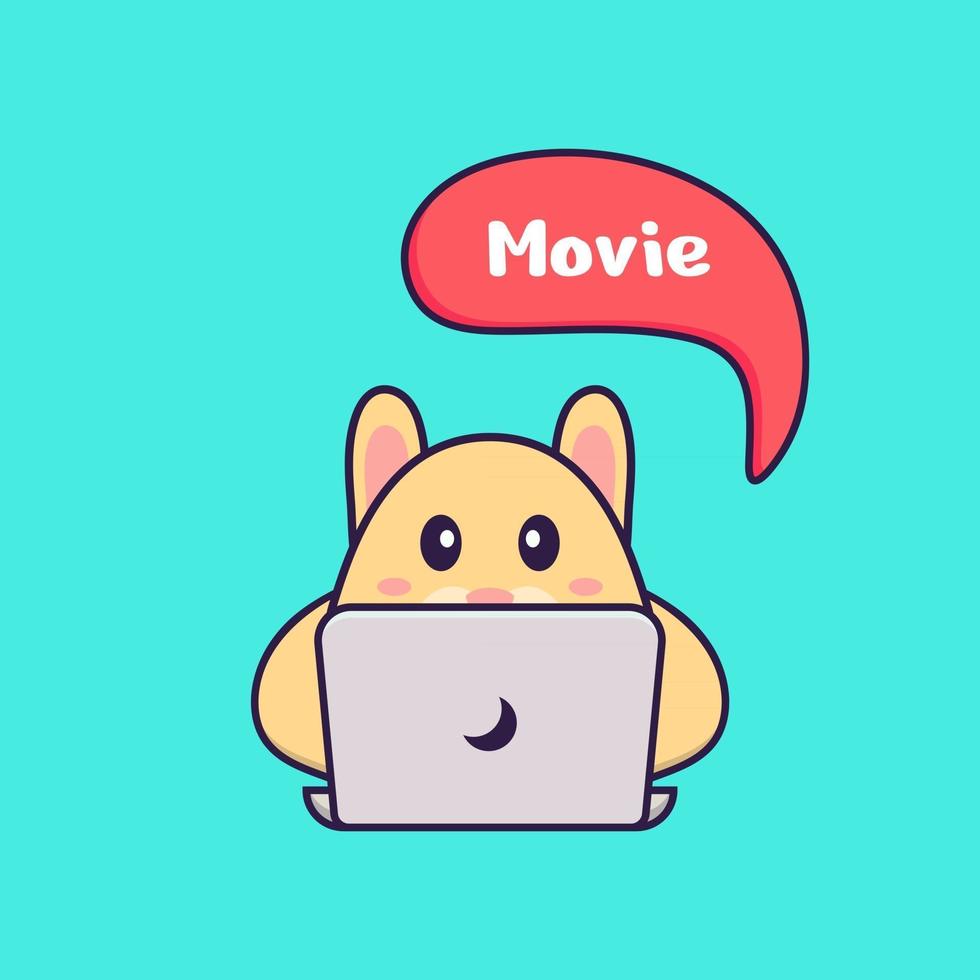 Cute rabbit is watching a movie. Animal cartoon concept isolated. Can used for t-shirt, greeting card, invitation card or mascot. Flat Cartoon Style vector