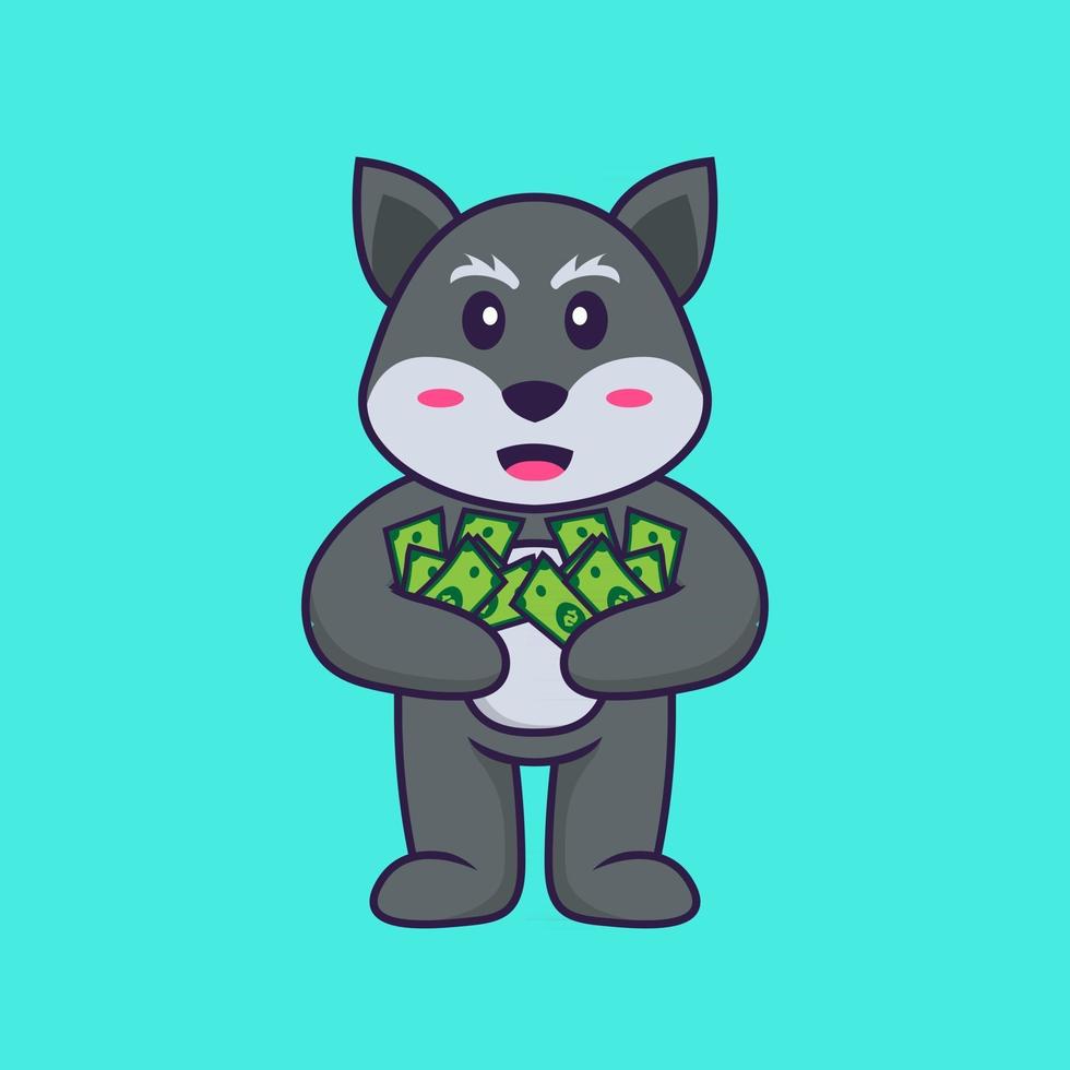 Cute fox holding money. Animal cartoon concept isolated. Can used for t-shirt, greeting card, invitation card or mascot. Flat Cartoon Style vector