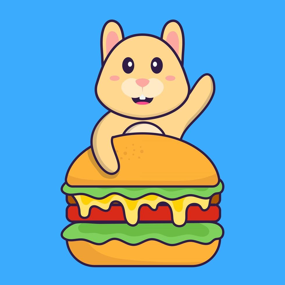 Cute rabbit eating burger. Animal cartoon concept isolated. Can used for t-shirt, greeting card, invitation card or mascot. Flat Cartoon Style vector
