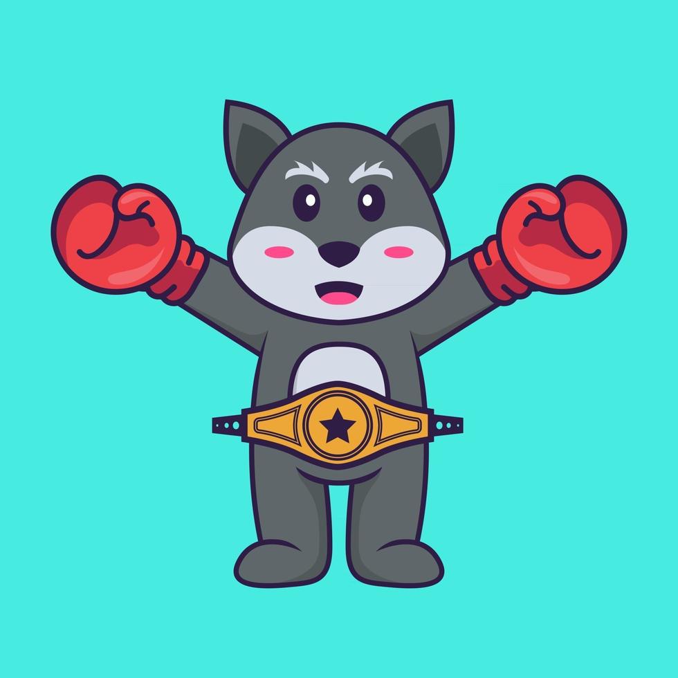 Cute fox in boxer costume with champion belt. Animal cartoon concept isolated. Can used for t-shirt, greeting card, invitation card or mascot. Flat Cartoon Style vector