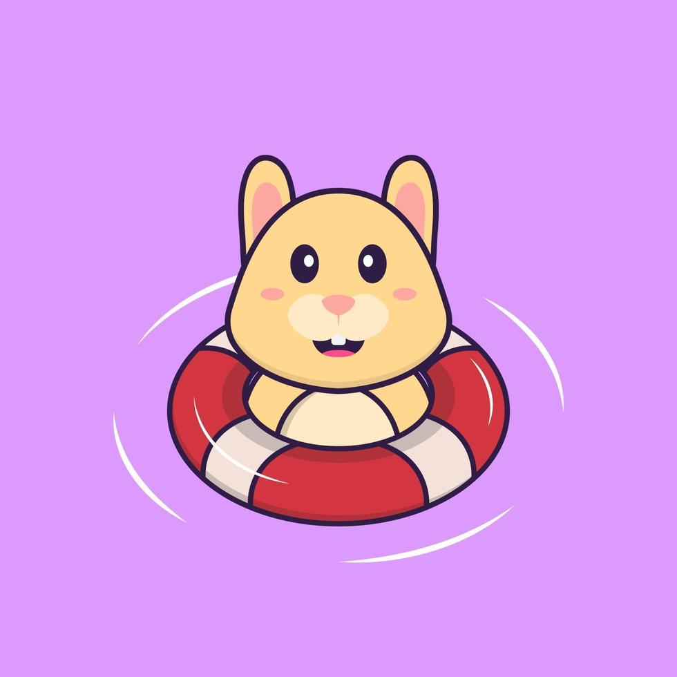 Cute rabbit is Swimming with a buoy. Animal cartoon concept isolated. Can used for t-shirt, greeting card, invitation card or mascot. Flat Cartoon Style vector